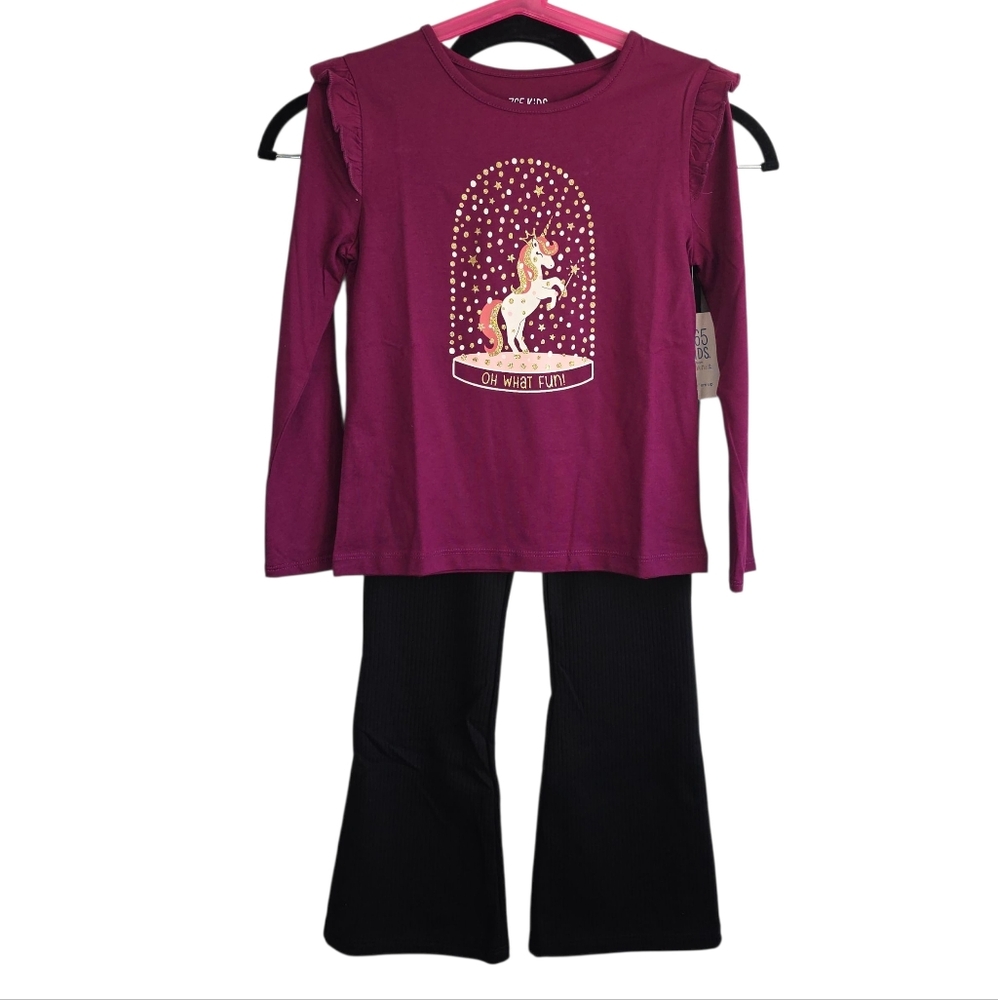 365 Kids Christmas Burgundy Unicorn Long Sleeve Top and Black Ribbed Flare Pants